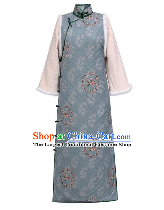 Chinese Classical Winter Qipao Dress National Shanghai Woman Costume Traditional Printing Cotton Wadded Cheongsam