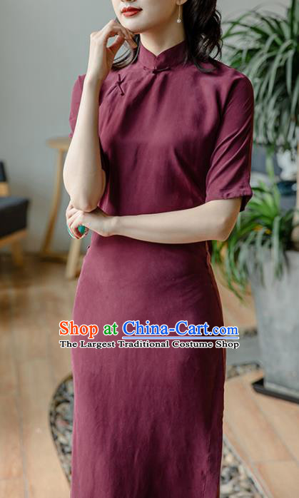 Republic of China Stand Collar Cheongsam Costume Traditional Wine Red Qipao Dress