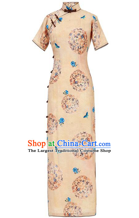 Chinese Traditional Printing Apricot Cheongsam National Shanghai Young Lady Costume Classical Stand Collar Qipao Dress