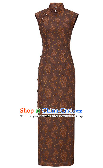 Chinese Traditional Brown Cotton Cheongsam National Young Woman Costume Classical Sleeveless Qipao Dress