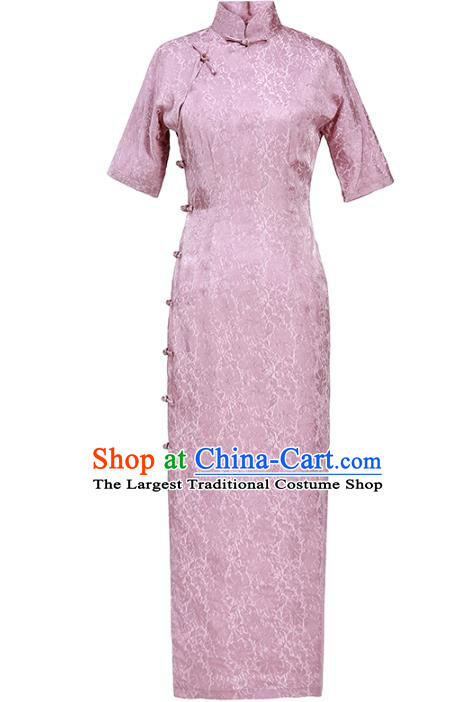 Chinese National Woman Costume Traditional Stand Collar Cheongsam Classical Pink Silk Qipao Dress