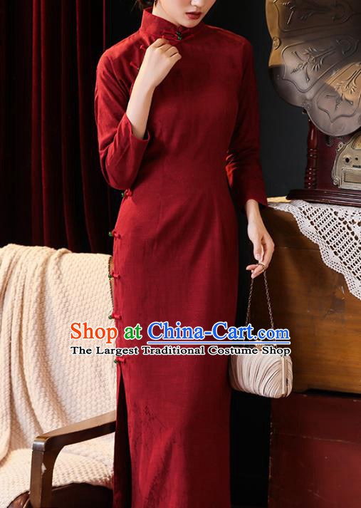 Chinese Classical Wine Red Qipao Dress National Shanghai Woman Costume Traditional Stand Collar Cheongsam