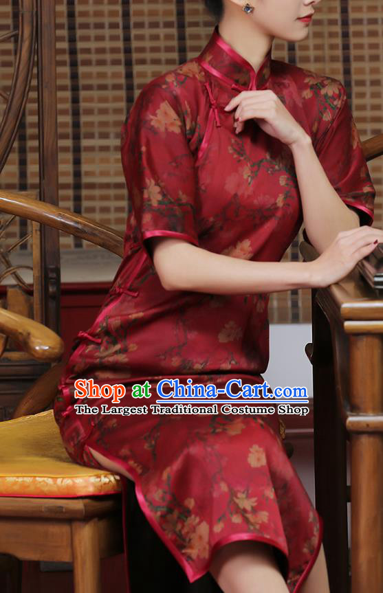 Chinese Traditional Shanghai Silk Cheongsam Clothing Classical Red Gambiered Guangdong Gauze Qipao Dress