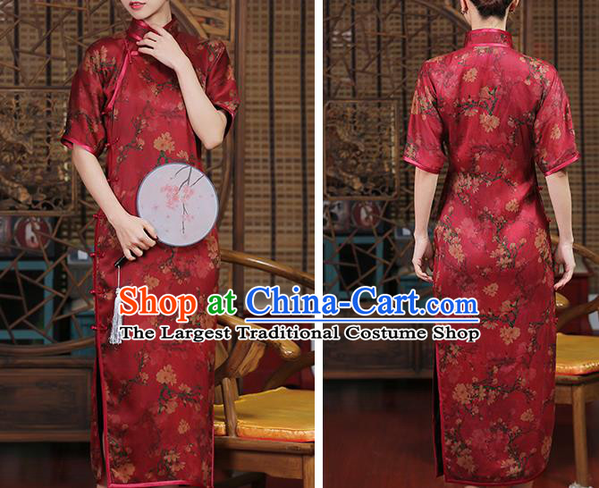 Chinese Traditional Shanghai Silk Cheongsam Clothing Classical Red Gambiered Guangdong Gauze Qipao Dress