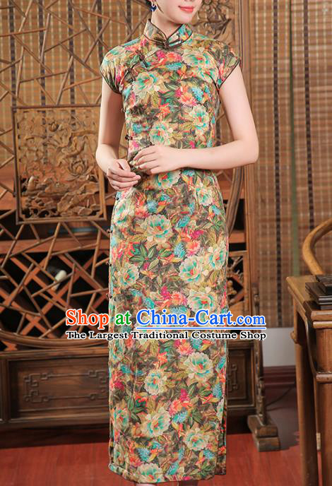 Chinese Traditional Printing Peony Flax Qipao Dress Clothing Classical Slant Opening Cheongsam