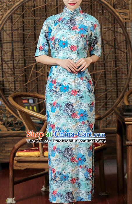 Chinese Traditional Printing Flowers Cheongsam Clothing Classical Light Blue Flax Qipao Dress