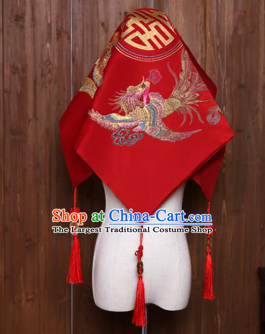 China Embroidered Dragon Phoenix Bride Red Veil Traditional Xiuhe Suit Headdress Wedding Headwear