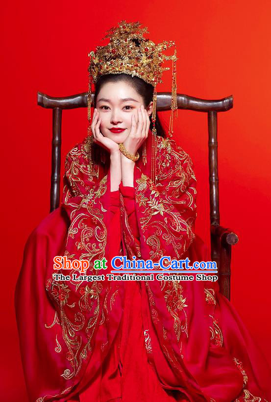 China Ancient Bride Embroidered Red Hanfu Dress Traditional Ming Dynasty Wedding Historical Costumes and Headdress