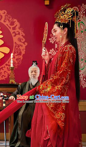 China Ancient Bride Embroidered Red Hanfu Dress Traditional Ming Dynasty Wedding Historical Costumes and Headdress