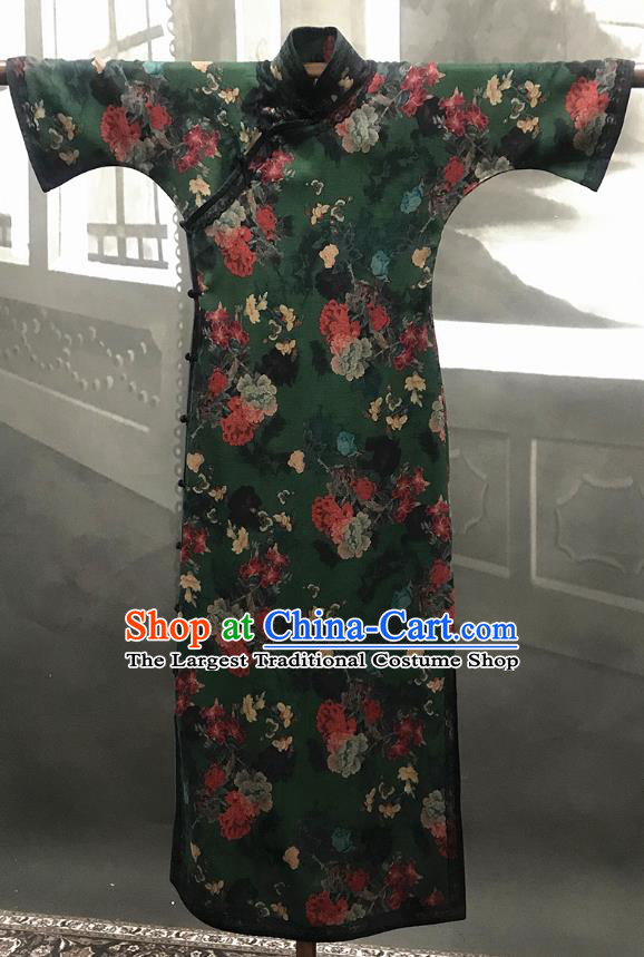 Republic of China Green Gambiered Guangdong Gauze Cheongsam Costume Traditional Minguo Mandarin Sleeve Qipao Dress