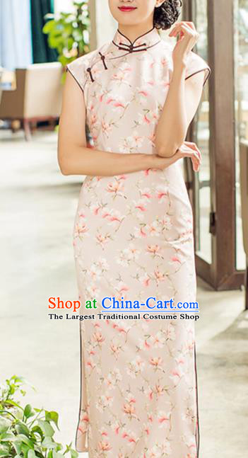 Republic of China Printing Beige Cheongsam Costume Traditional Minguo Shanghai Woman Qipao Dress