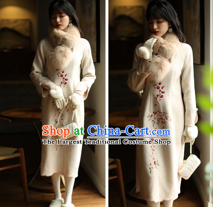 China Winter Embroidered Beige Woolen Cheongsam Costume Traditional Young Woman Stand Collar Qipao Dress