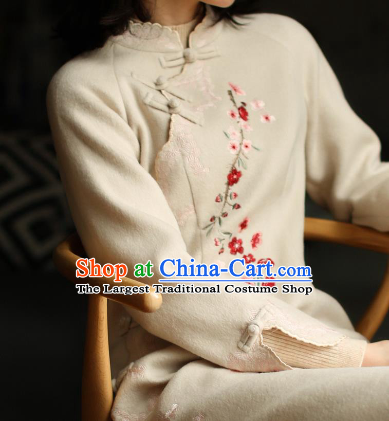 China Winter Embroidered Beige Woolen Cheongsam Costume Traditional Young Woman Stand Collar Qipao Dress
