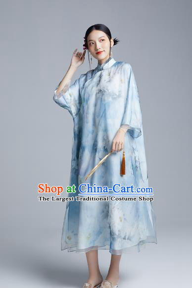 China Classical Loose Cheongsam Costume Traditional Young Lady Printing Peony Blue Organdy Qipao Dress