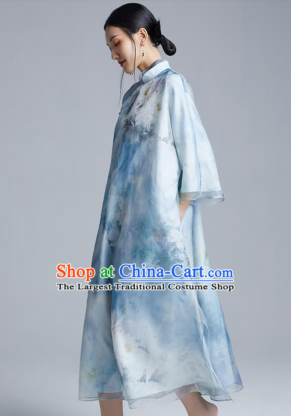 China Classical Loose Cheongsam Costume Traditional Young Lady Printing Peony Blue Organdy Qipao Dress