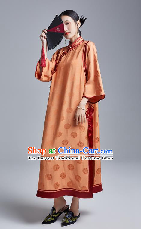 China Classical Wide Sleeve Cheongsam Costume Traditional Young Lady Orange Silk Loose Qipao Dress