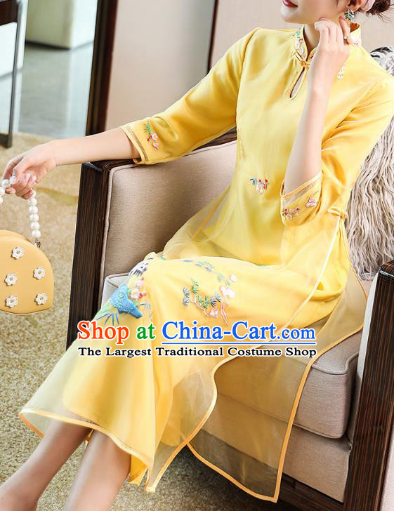 Chinese Stand Collar Qipao Dress Zen Costume Traditional Tang Suit Embroidered Yellow Organdy Cheongsam