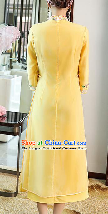 Chinese Stand Collar Qipao Dress Zen Costume Traditional Tang Suit Embroidered Yellow Organdy Cheongsam
