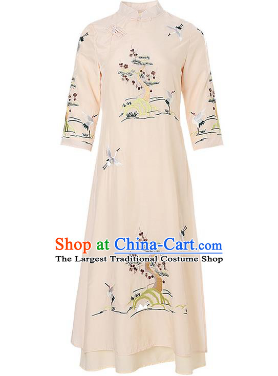 Chinese Traditional Tang Suit Embroidered White Cheongsam Stand Collar Qipao Dress Zen Costume