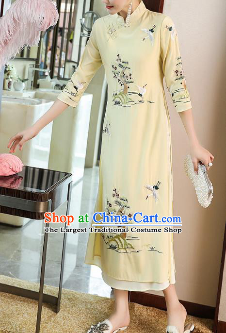 Chinese Stand Collar Qipao Dress Traditional Tang Suit Embroidered Light Yellow Cheongsam Zen Costume