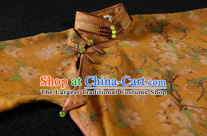 Republic of China Yellow Gambiered Guangdong Gauze Qipao Dress Traditional Minguo Classical Printing Pear Blossom Cheongsam