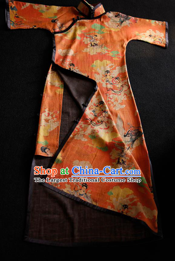 Republic of China Printing Fairy Qipao Dress Traditional Minguo Classical Shanghai Orange Gambiered Guangdong Gauze Cheongsam