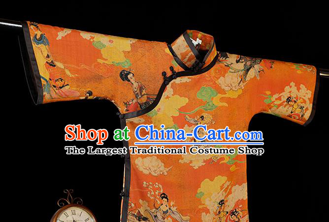 Republic of China Printing Fairy Qipao Dress Traditional Minguo Classical Shanghai Orange Gambiered Guangdong Gauze Cheongsam