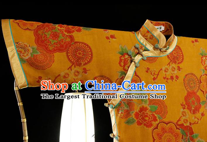 Republic of China Classical Printing Yellow Cheongsam Traditional Minguo Gambiered Guangdong Gauze Qipao Dress