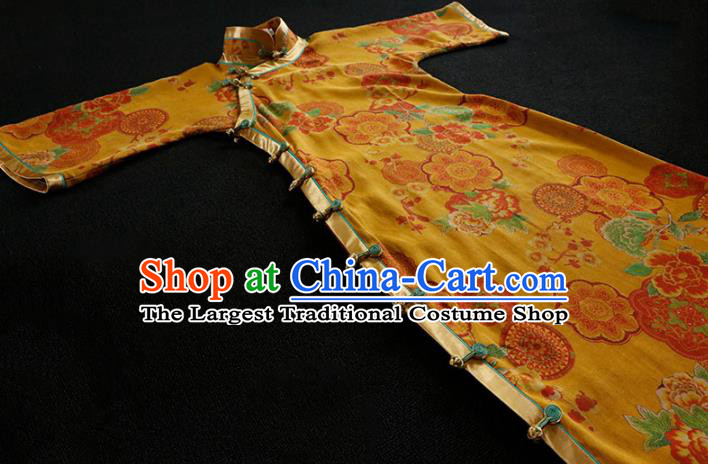 Republic of China Classical Printing Yellow Cheongsam Traditional Minguo Gambiered Guangdong Gauze Qipao Dress