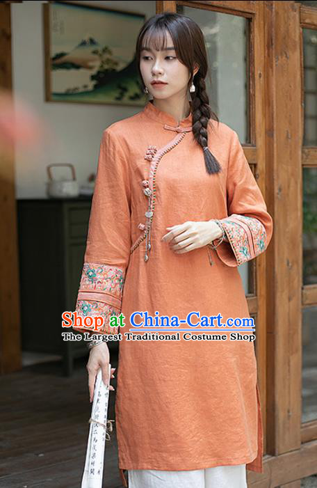Chinese Traditional Tang Suit Long Shirt Classical Cheongsam Embroidered Orange Flax Blouse
