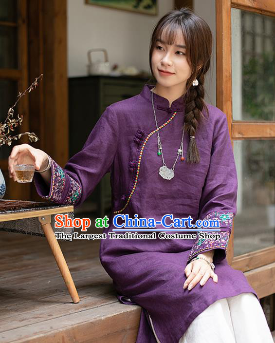 Chinese Classical Cheongsam Embroidered Purple Flax Blouse Traditional Tang Suit Long Shirt