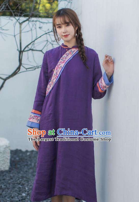 China Classical Embroidered Purple Cheongsam Traditional Young Lady Slant Opening Qipao Dress