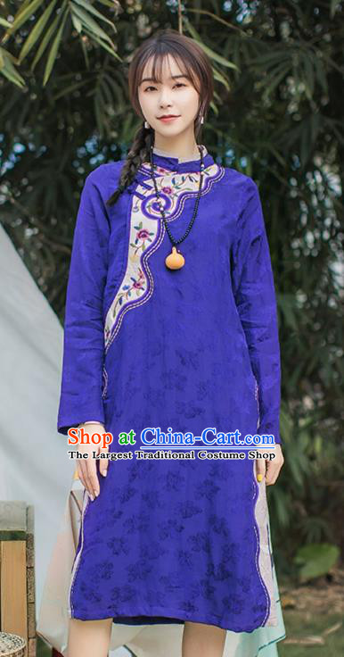 China Traditional Young Lady Slant Opening Qipao Dress Classical Embroidered Purple Cheongsam