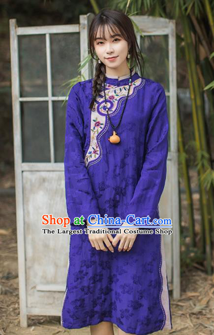 China Traditional Young Lady Slant Opening Qipao Dress Classical Embroidered Purple Cheongsam