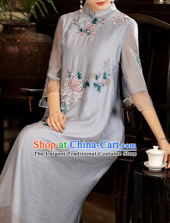 China Traditional Young Woman Costume Tang Suit Grey Tencel Qipao Dress Classical Embroidered Chrysanthemum Cheongsam
