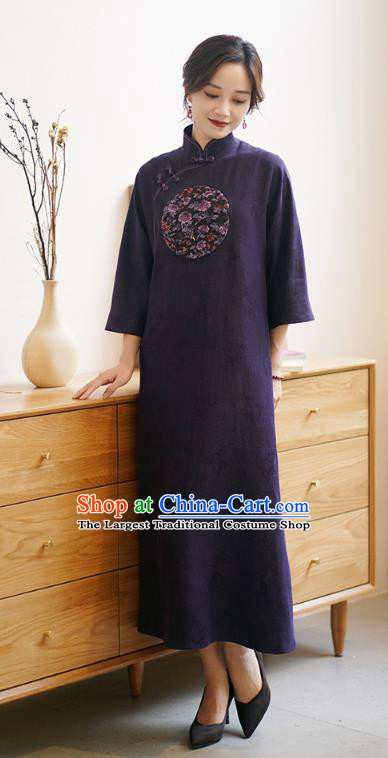 Top Purple Silk Long Cheongsam China Classical Embroidered Qipao Dress Clothing