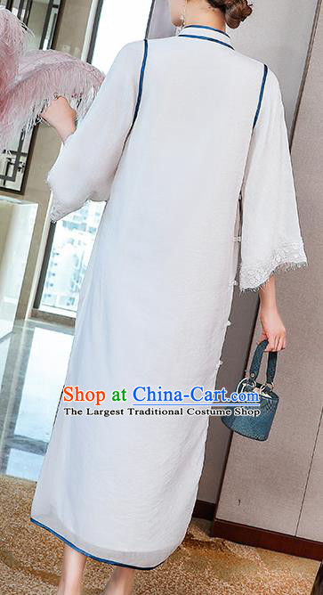 China Classical Embroidered White Tencel Cheongsam Traditional Tang Suit Round Collar Qipao Dress