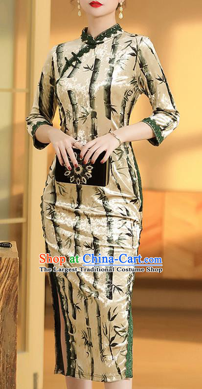 China Classical Qipao Dress Traditional Tang Suit Printing Bamboo Cheongsam Costume