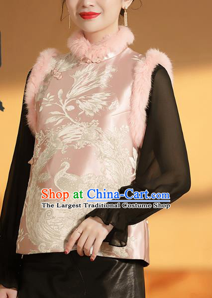 Chinese National Phoenix Pattern Cotton Wadded Waistcoat Traditional Tang Suit Pink Brocade Vest