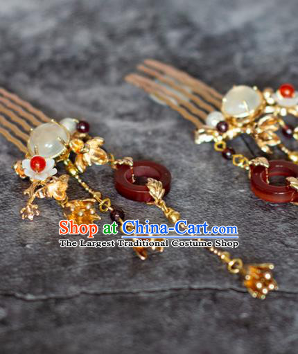 Chinese Traditional Hanfu Hair Accessories Agate Hairpin Ancient Ming Dynasty Princess Tassel Hair Combs