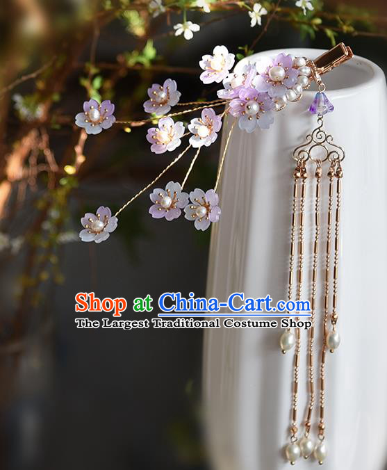 Chinese Traditional Purple Sakura Hairpin Hanfu Hair Accessories Ancient Princess Pearls Tassel Hair Claw