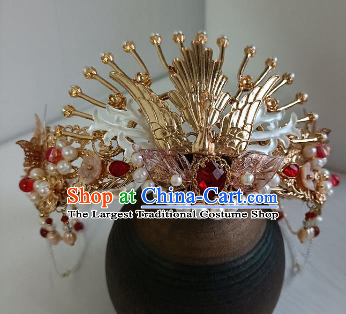 Chinese Ancient Bride Shell Hairpin Hanfu Hair Accessories Traditional Ming Dynasty Golden Phoenix Hair Crown