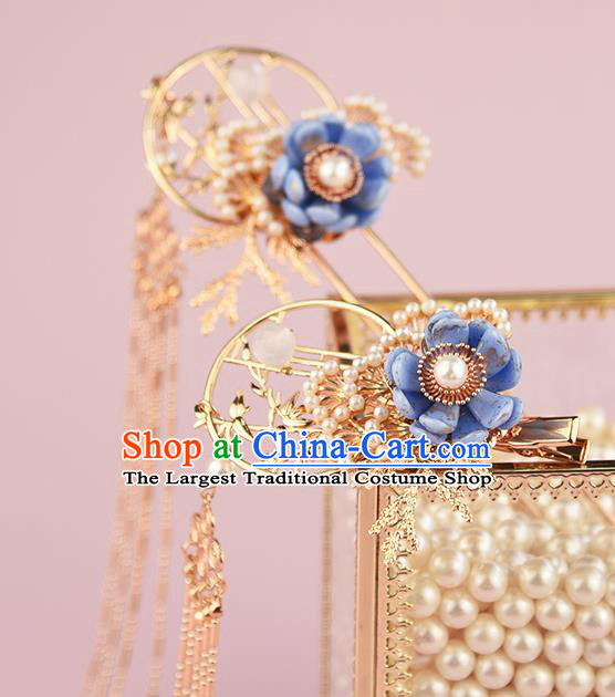 Chinese Traditional Blue Flower Hairpin Handmade Hair Accessories Ancient Hanfu Tassel Hair Stick