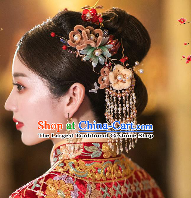Chinese Traditional Wedding Hair Accessories Classical Xiuhe Suit Velvet Flowers Hairpins Full Set