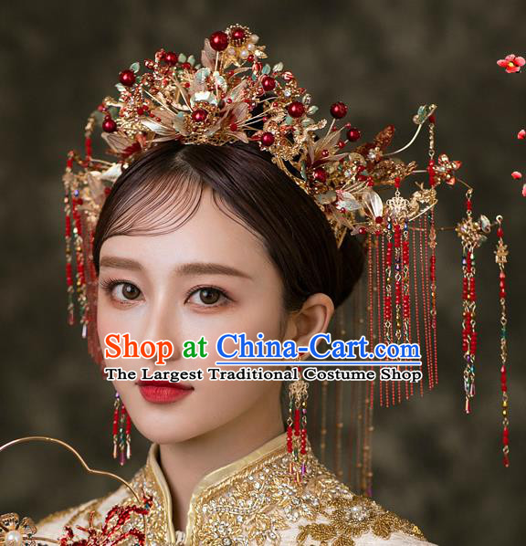Chinese Classical Xiuhe Suit Red Tassel Hair Crown Bride Phoenix Coronet Traditional Wedding Hair Accessories