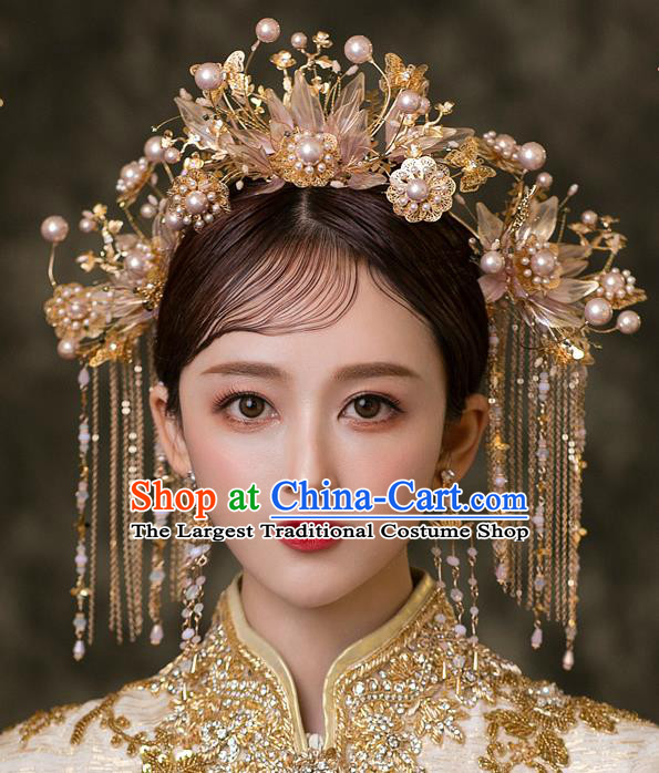 Chinese Classical Xiuhe Suit Hair Crown and Tassel Hairpins Traditional Wedding Bride Hair Accessories