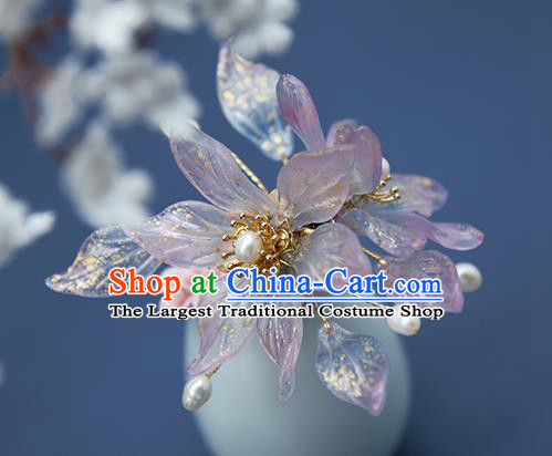 Chinese Ancient Palace Lady Pearls Hairpin Traditional Ming Dynasty Princess Purple Flowers Hair Stick
