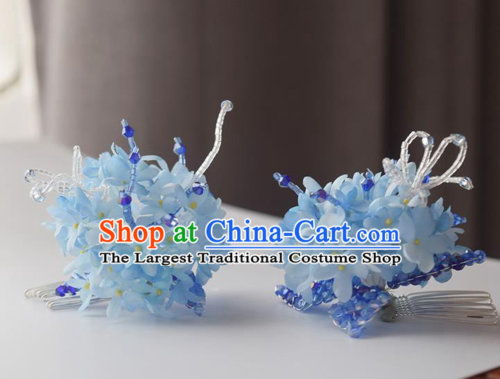 Chinese Handmade Cheongsam Hair Accessories Traditional Hanfu Blue Flowers Hair Comb