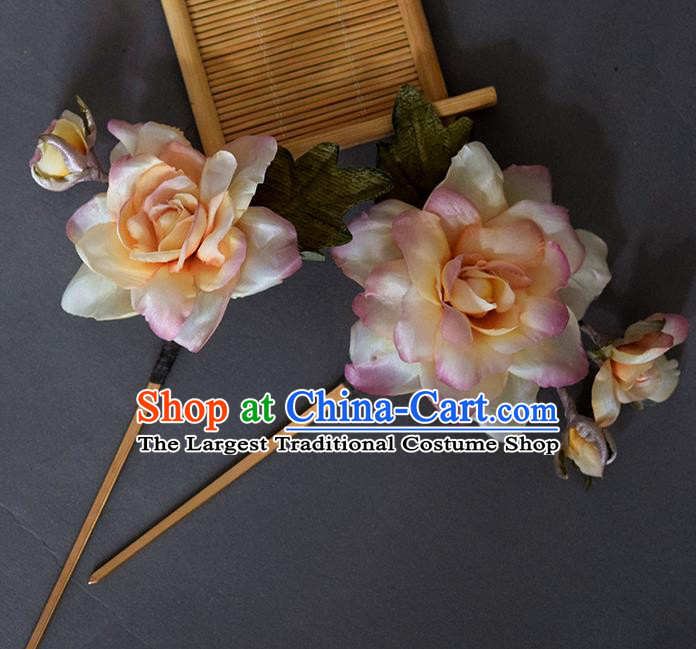Chinese Handmade Ancient Court Woman Hairpin Traditional Ming Dynasty Pink Silk Gardenia Hair Stick