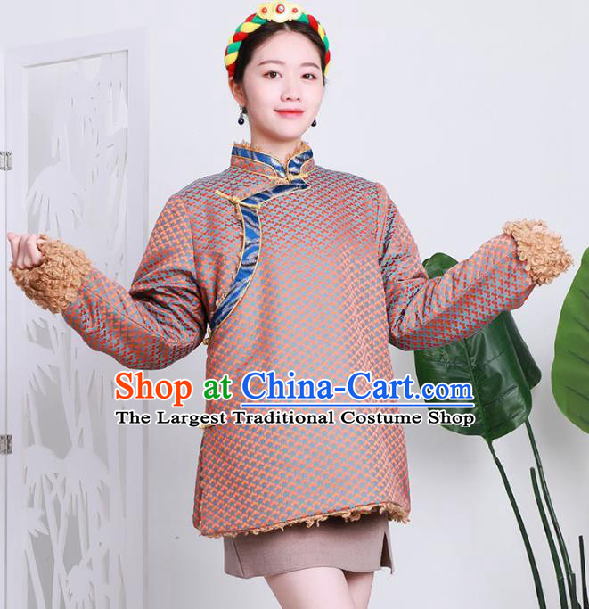 Chinese Tibetan Minority Pink Brocade Cotton Wadded Jacket Costume Zang Nationality Woman Winter Outer Garment Clothing